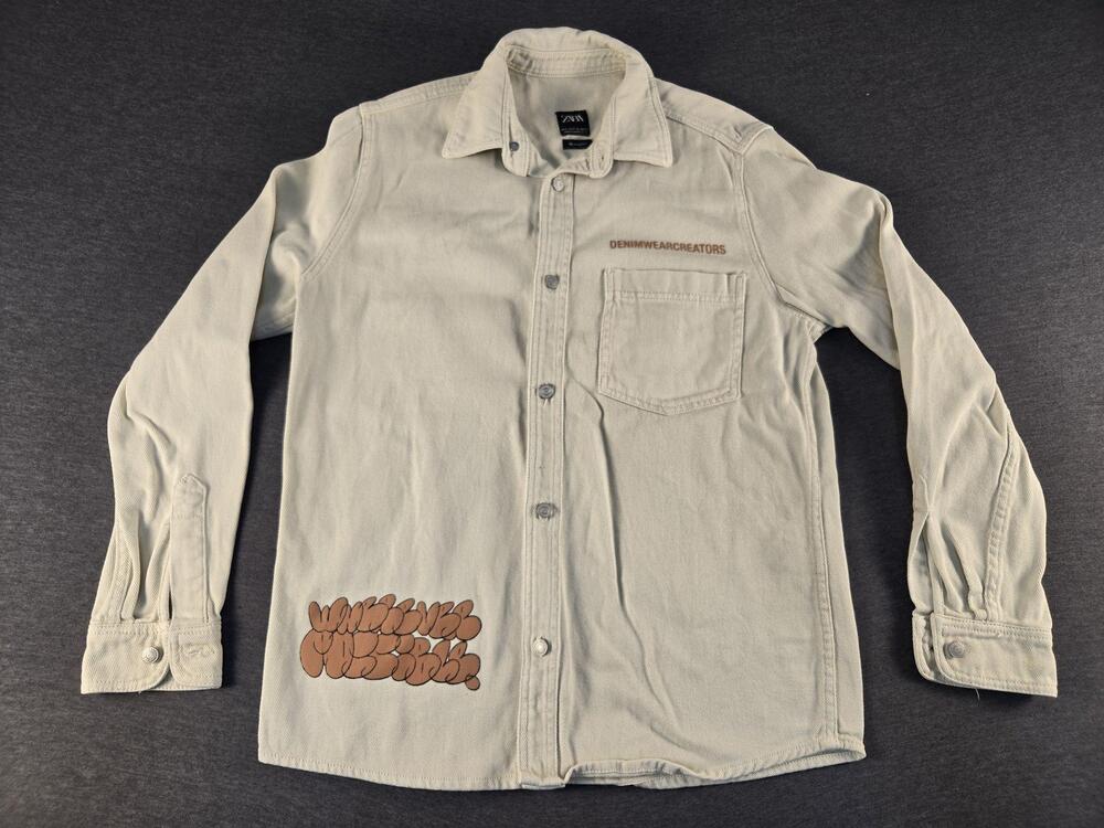 Zara Shirt DNWR Mens Small Beige Denim Relaxed Fit Graphic Print Graffiti